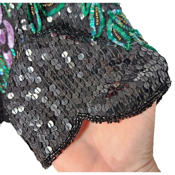 ROYAL FEELINGS Vtg Silk Sequin Evening Blouse Top Jewel Tone Floral Large Unique - Picture 10 of 11